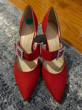 Adrienne Vittadini Red Pointed-Toe D'Orsay Pumps with Rhinestone Buckle